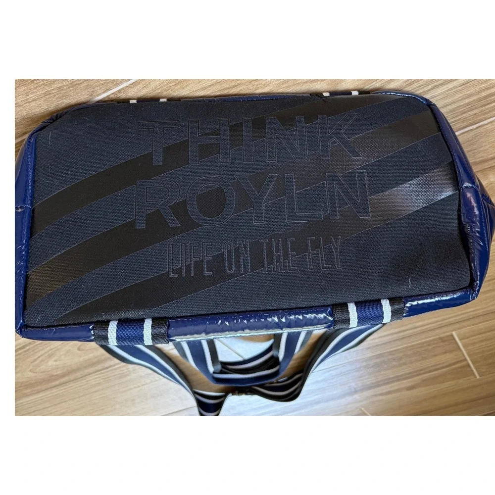Think Royln Junior Wingman Puffer Tote Bag Navy Blue Patent Quilted Crossbody